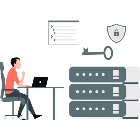Garçon travaillant sur la sécurité du serveur  Illustration