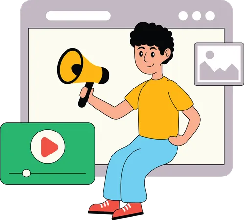 Garçon travaillant sur le marketing vidéo en ligne  Illustration