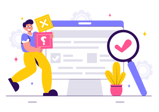 Un garçon travaille sur Mythes vs Faits Check News  Illustration