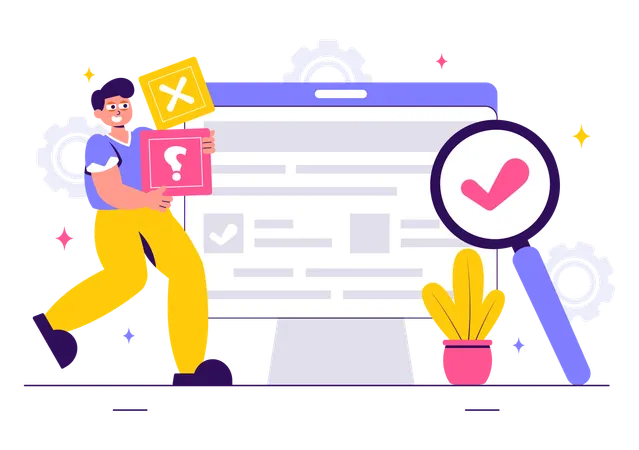 Un garçon travaille sur Mythes vs Faits Check News  Illustration