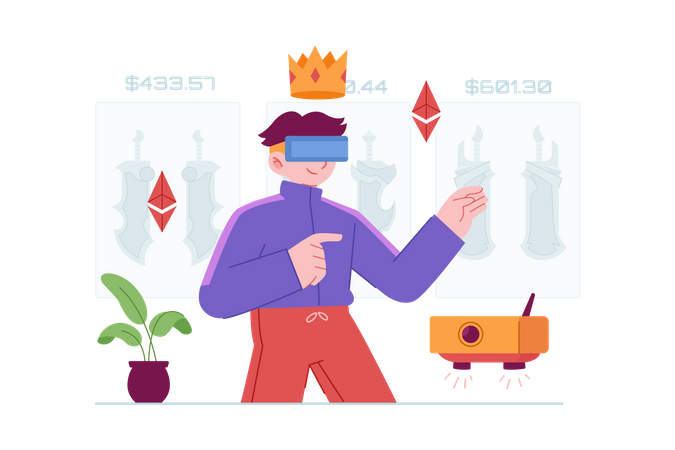 Garçon travaillant sur NFT en utilisant la VR  Illustration