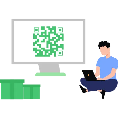 Garçon travaillant sur le code Qr  Illustration