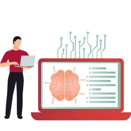 Garçon travaillant sur un ordinateur portable sur un cerveau artificiel  Illustration