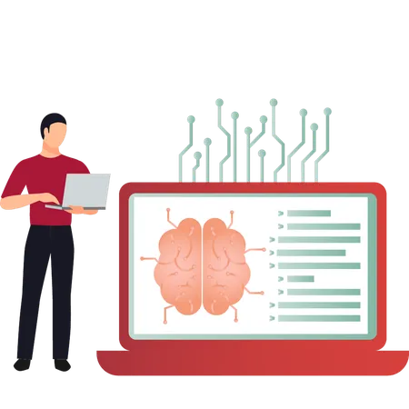 Garçon travaillant sur un ordinateur portable sur un cerveau artificiel  Illustration