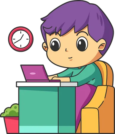 Garçon travaillant sur un ordinateur portable tout en étant assis à la maison  Illustration