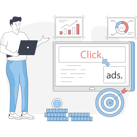 Garçon travaillant sur des publicités pour un site Web  Illustration