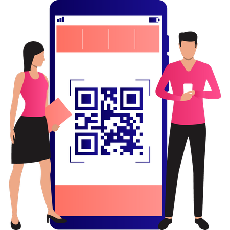 Le garçon travaille sur le code QR sur mobile  Illustration