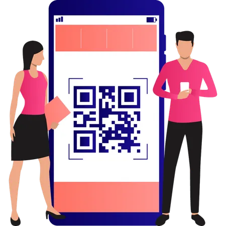 Le garçon travaille sur le code QR sur mobile  Illustration