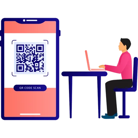 Un garçon travaille sur un scanner de code QR  Illustration