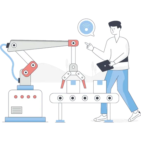 Un garçon travaille sur une machine d'automatisation d'entrepôt  Illustration