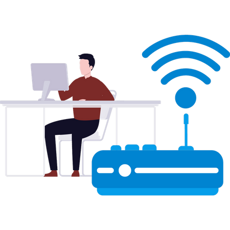 Garçon utilisant Internet via un modem  Illustration