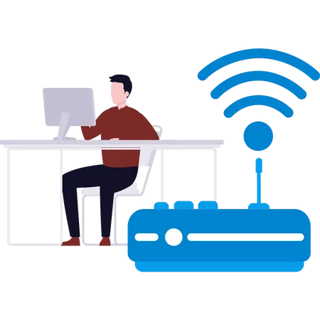 Garçon utilisant Internet via un modem  Illustration