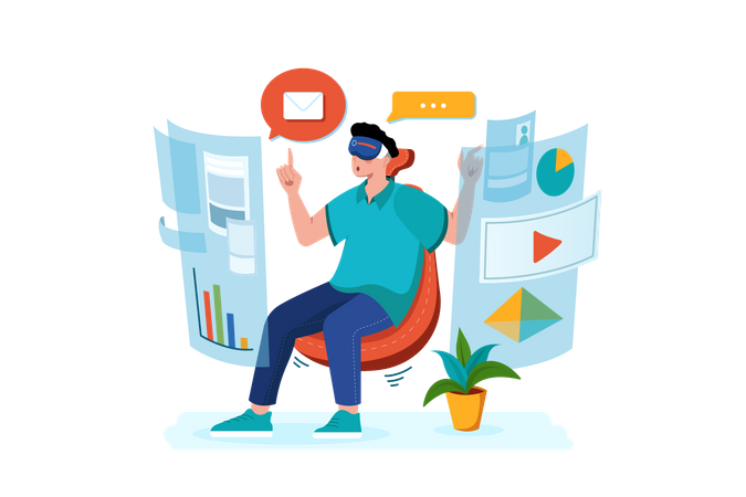 Garçon utilisant la technologie de réalité virtuelle  Illustration