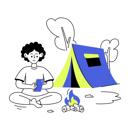 Garçon utilisant le téléphone en camping seul  Illustration