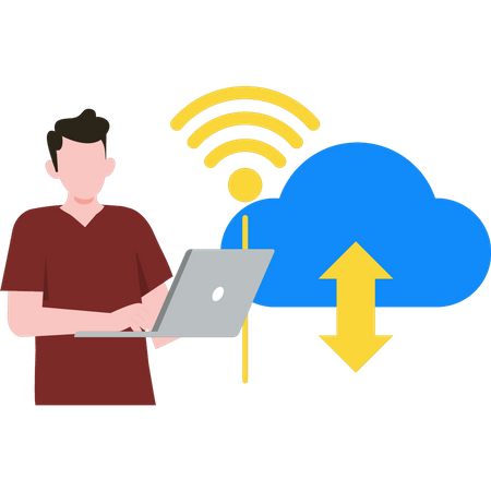 Garçon utilisant le WIFI sur un ordinateur portable  Illustration