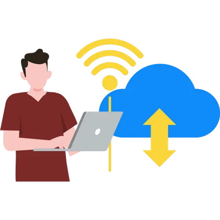 Garçon utilisant le WIFI sur un ordinateur portable  Illustration