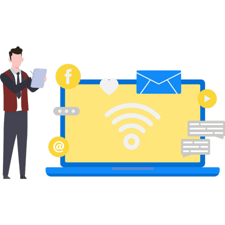 Garçon utilisant les médias sociaux sur Internet  Illustration