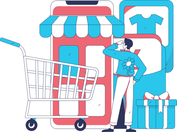 Garçon utilisant une application de shopping mobile  Illustration