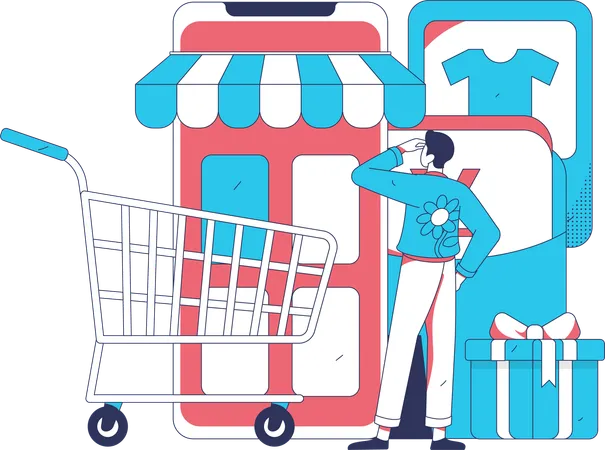 Garçon utilisant une application de shopping mobile  Illustration