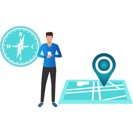 Garçon utilisant un mobile pour trouver un emplacement  Illustration
