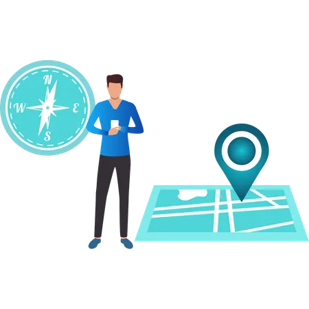 Garçon utilisant un mobile pour trouver un emplacement  Illustration