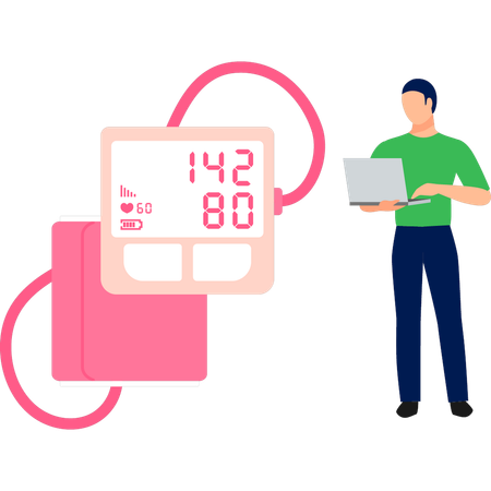 Garçon utilisant un ordinateur portable mesurant le niveau d'hypertension  Illustration