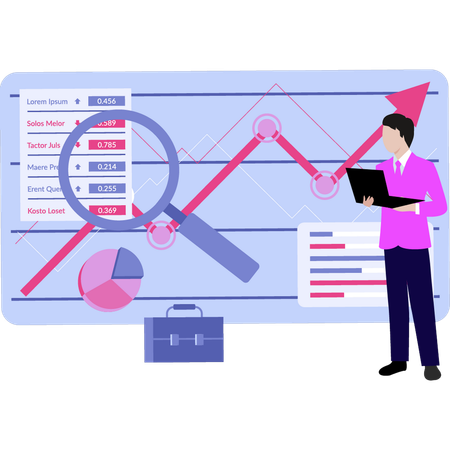 Garçon utilisant un ordinateur portable pour créer un graphique analytique  Illustration