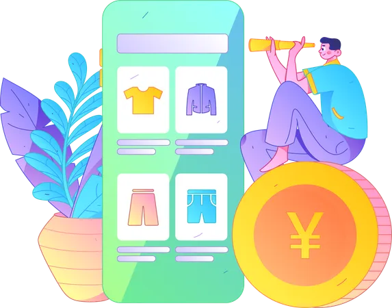 Un garçon utilise un télescope pour trouver un produit à partir d'une application de shopping  Illustration