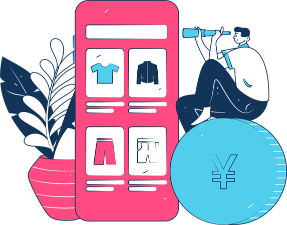 Un garçon utilise un télescope pour trouver un produit à partir d'une application de shopping  Illustration