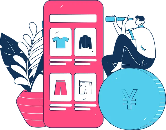 Un garçon utilise un télescope pour trouver un produit à partir d'une application de shopping  Illustration