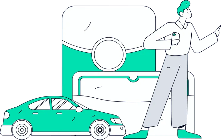 Garçon utilisant une application de réservation de taxi  Illustration