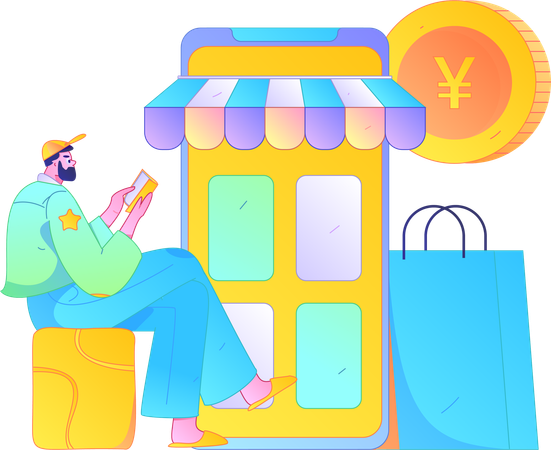 Garçon utilisant une application de shopping  Illustration