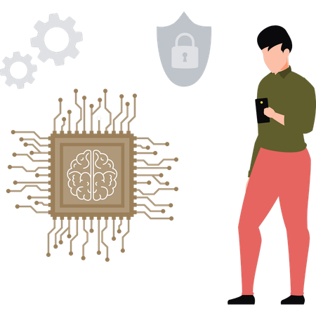 Garçon utilisant une puce IA dans un mobile  Illustration