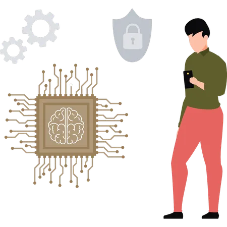 Garçon utilisant une puce IA dans un mobile  Illustration