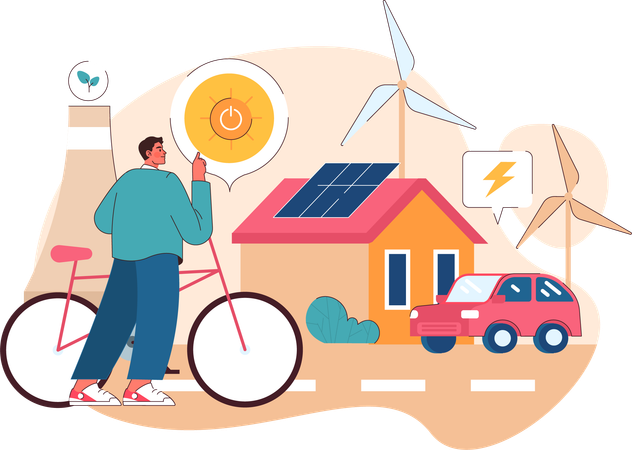 Un garçon utilise l’énergie solaire et éolienne à la maison  Illustration