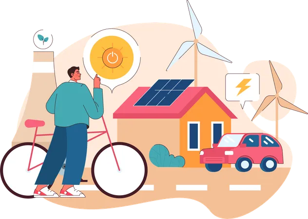 Un garçon utilise l’énergie solaire et éolienne à la maison  Illustration