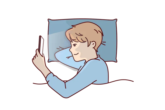 Un garçon utilise son téléphone pendant son sommeil la nuit  Illustration