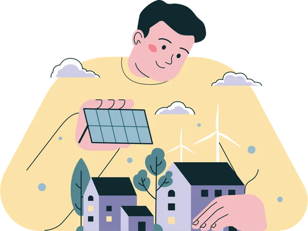 Un garçon utilise un panneau solaire installé chez lui  Illustration