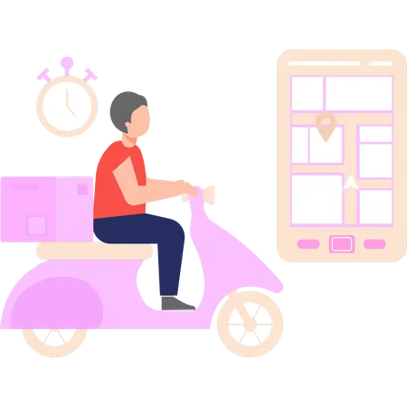 Le garçon va livrer un colis sur un scooter  Illustration