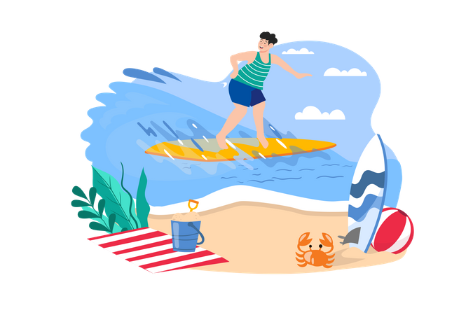 Garçon va surfer à la plage  Illustration