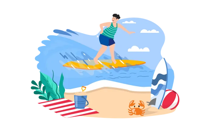 Garçon va surfer à la plage  Illustration