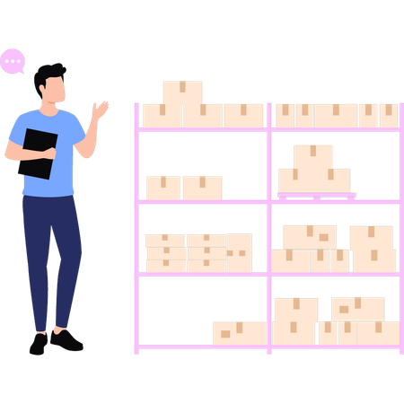 Garçon vérifiant les cartons dans le rack  Illustration