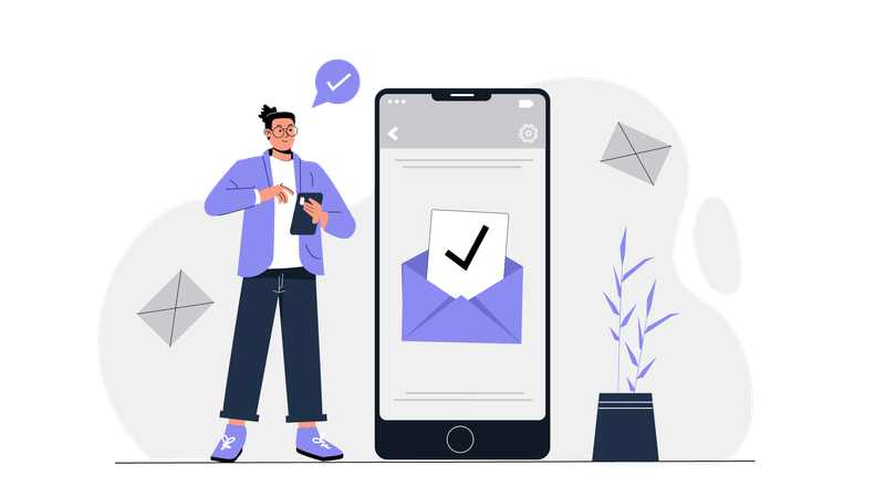 Garçon vérifiant ses e-mails sur son mobile  Illustration