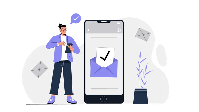 Garçon vérifiant ses e-mails sur son mobile  Illustration