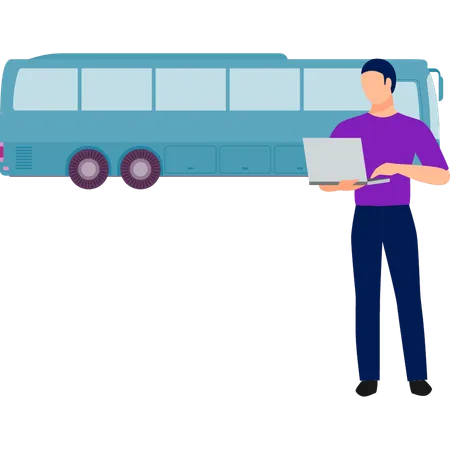 Garçon vérifiant l'ordinateur portable d'informations sur le bus  Illustration