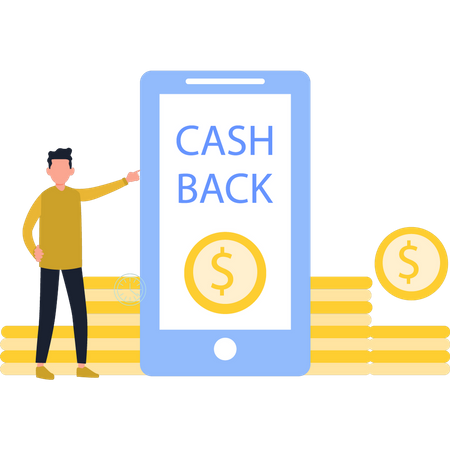 Garçon vérifiant le cashback sur mobile  Illustration