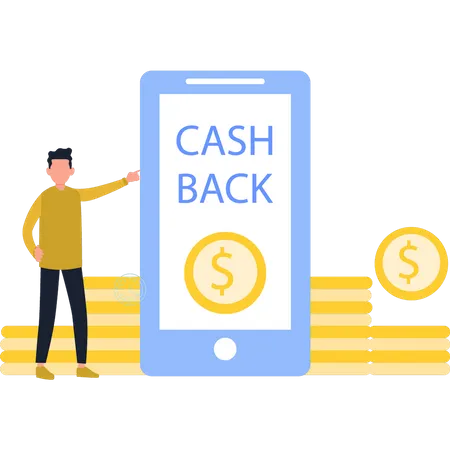 Garçon vérifiant le cashback sur mobile  Illustration