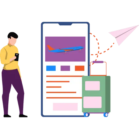 Garçon vérifiant les détails du vol en ligne  Illustration