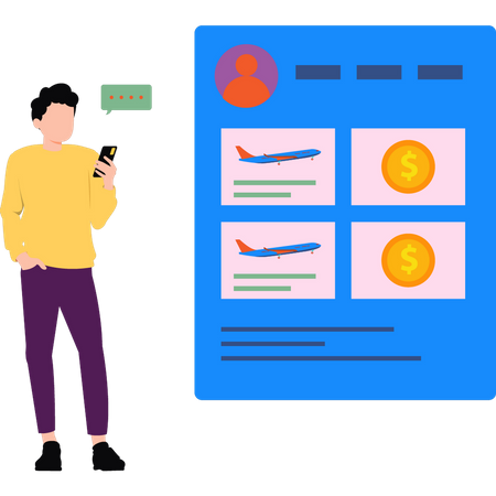 Garçon vérifiant les détails du vol en ligne  Illustration