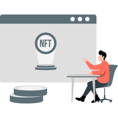 Un garçon regarde la plateforme NFT  Illustration